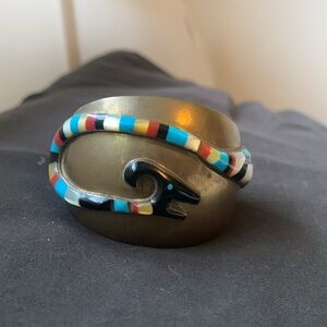 Vintage Zuni inlay ram 🐏 copper cuff, turquoise coral mother of pearl & onyx